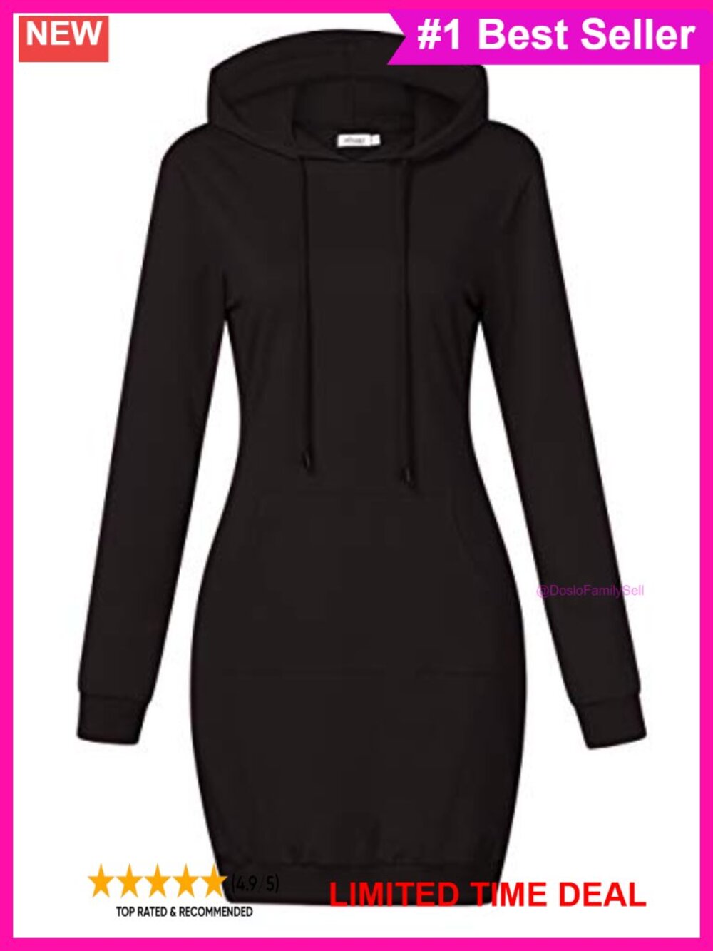 Pullover Hooded Sweatshirt Dress Kangaroo Pocket Drawstring Above Knee Casual